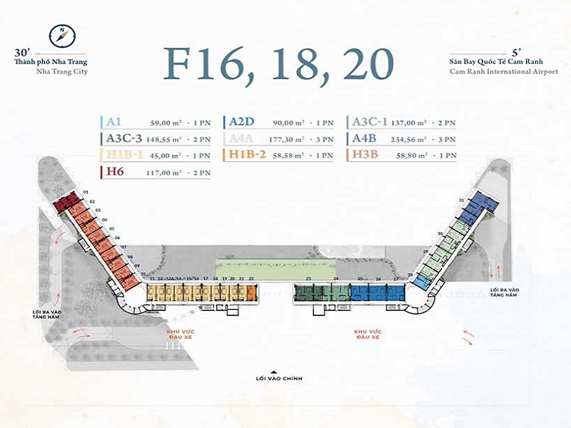 Mặt bằng căn hộ du lịch F16-18-20 dự án Cam Ranh Bay Hotel & Resort