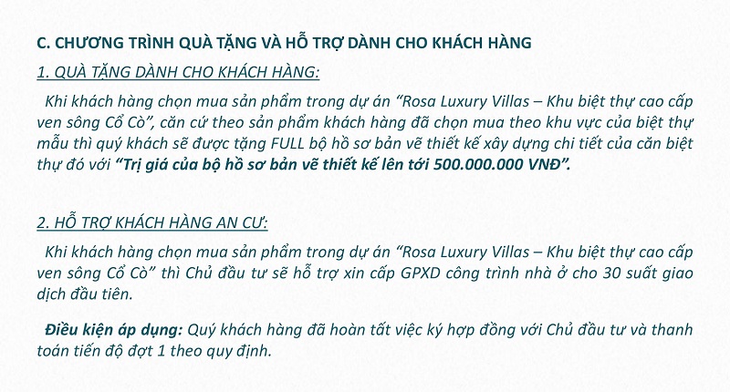 Chính sách bán hàng 4 dự án Đất Nền Rosa Luxury Villas ven sông Cổ Cò - Quảng Nam