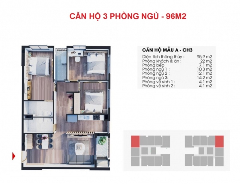 Thiết kế căn hộ 3N 96m2 The Charm An Hưng - Hà Đông