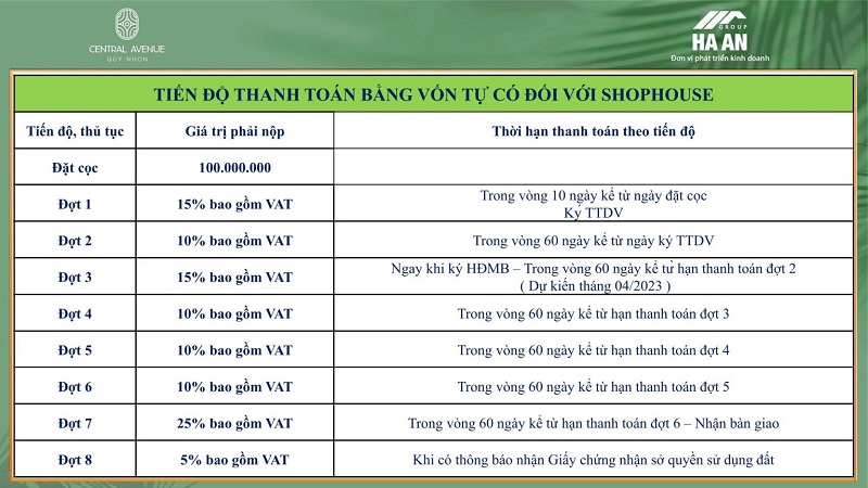Tiến độ thanh toán Shophouse KHÔNG VAY Central Avenue Quy Nhơn - Hà An Group