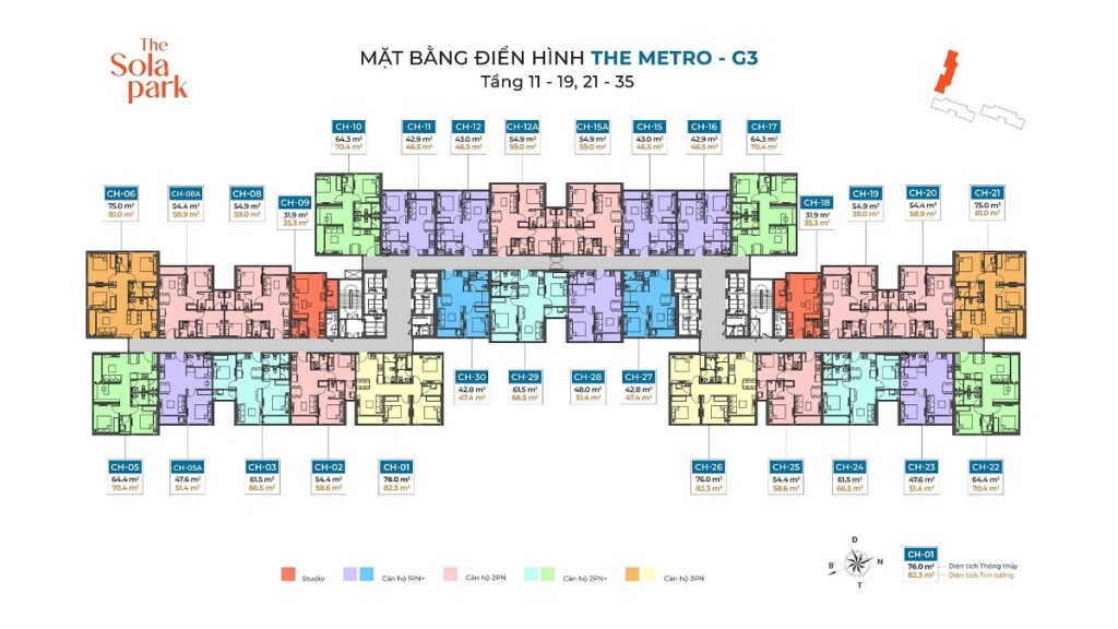 Mặt bằng tầng 11-19-21-35 tòa The Metro G3 The Sola Park Imperia Smart City - MIK Group