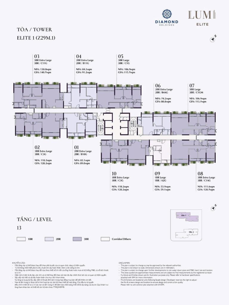 Mặt bằng tầng 13 toà E1 Lumi Elite Capitaland