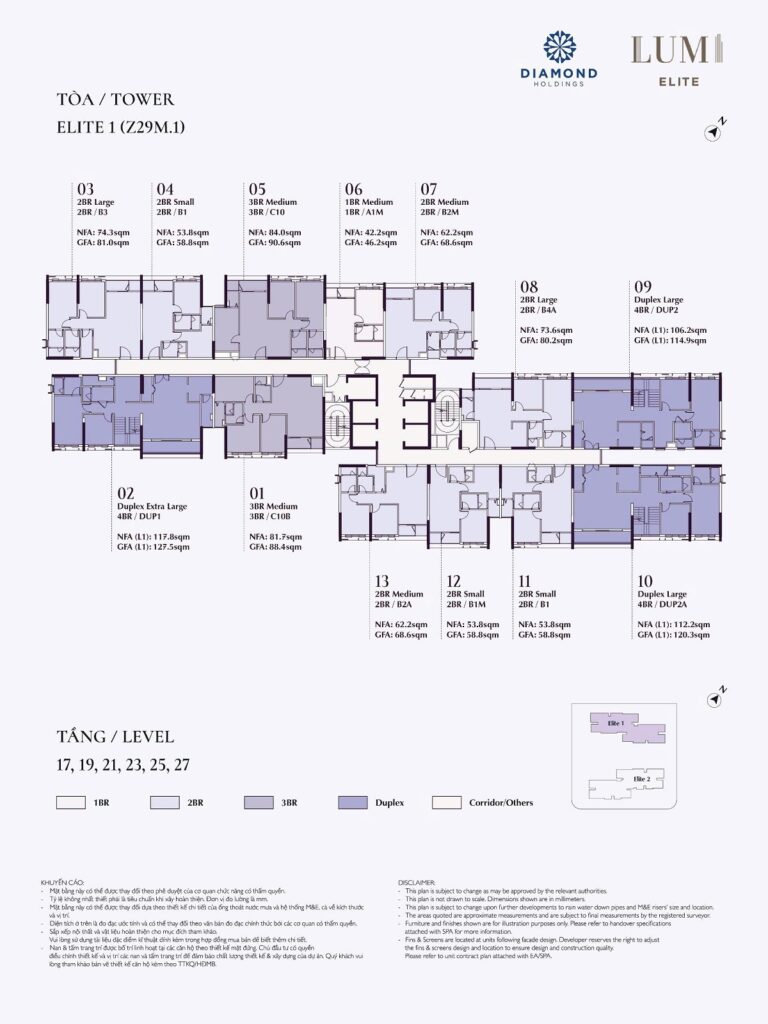 Mặt bằng tầng 17-19-21-23-25-27 toà E1 Lumi Elite Capitaland