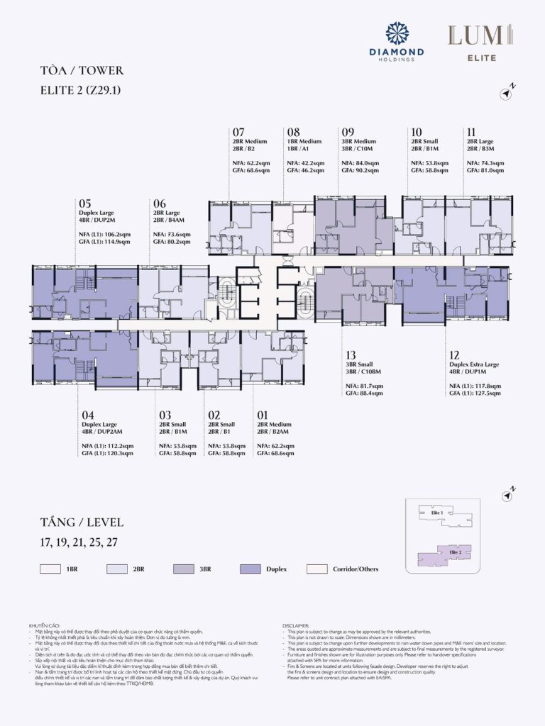 Mặt bằng tầng 17-19-21-25-27 toà E2 Lumi Elite Capitaland