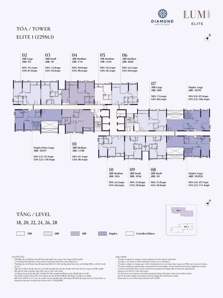Mặt bằng tầng 18-20-22-24-26-28 toà E1 Lumi Elite Capitaland