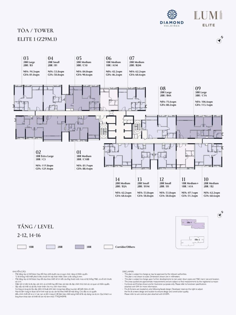 Mặt bằng tầng 2-12-14-16 toà E1 Lumi Elite Capitaland