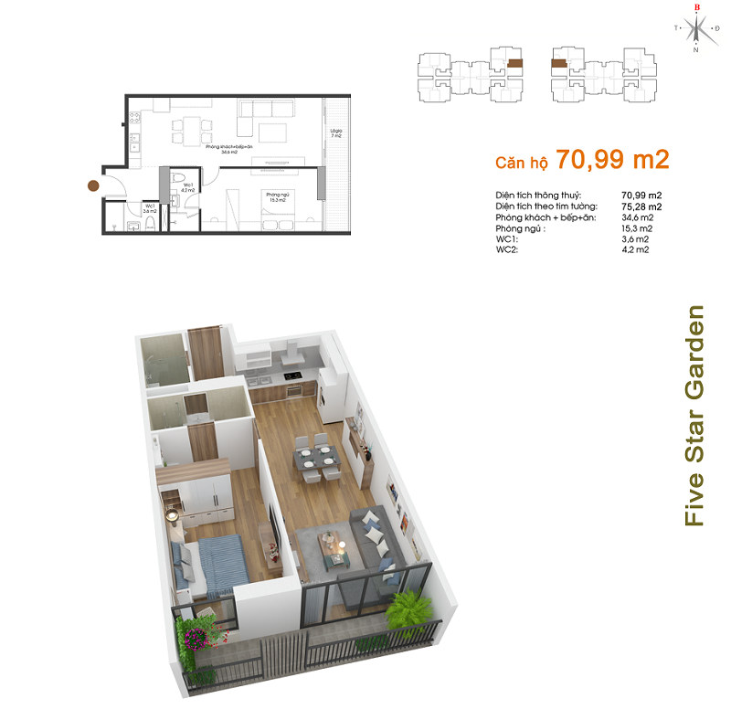 Thiết kế căn hộ 70,99m2 chung cư Fivestar Garden 02 Kim Giang