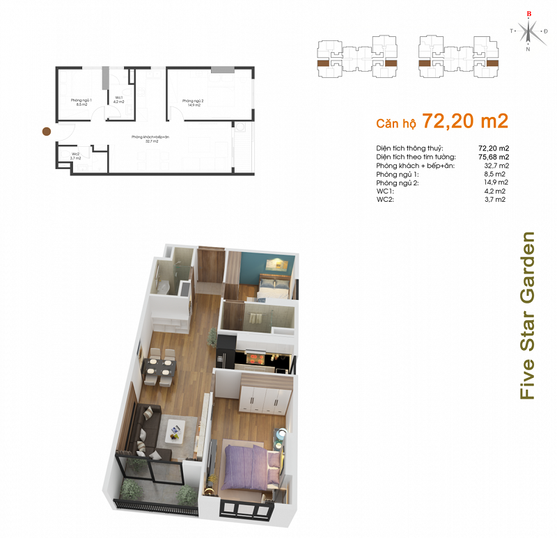 Thiết kế căn hộ 72,2m2 chung cư Fivestar Garden 02 Kim Giang