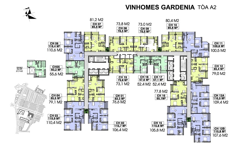 Mặt bằng tòa A2 Vinhomes Gardenia Mỹ Đình