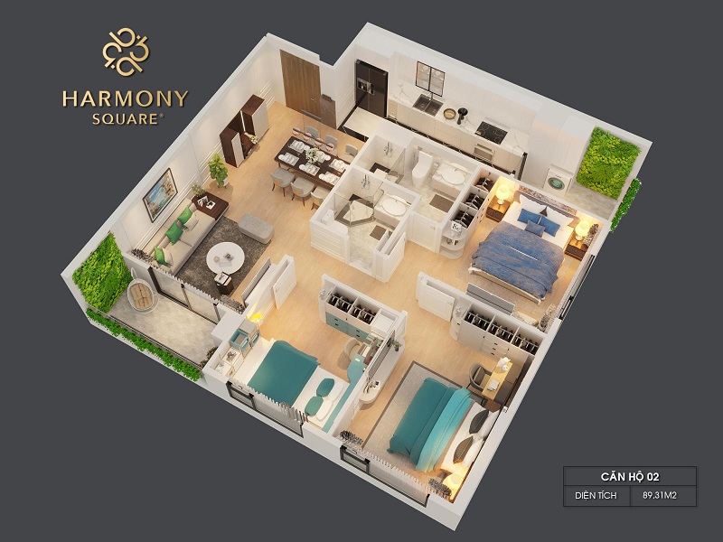 Thiết kế 3D căn hộ 02 dự án chung cư Harmony Square 199 Nguyễn Tuân
