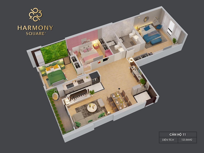 Thiết kế 3D căn hộ 11 dự án chung cư Harmony Square 199 Nguyễn Tuân
