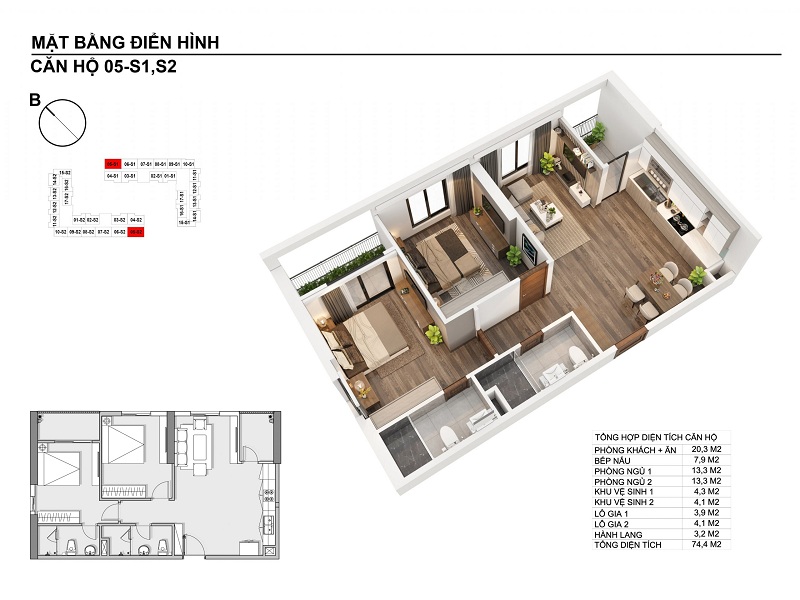 Thiết kế căn hộ 74,4m2 chung cư Hanhomes Blue Star Trâu Quỳ Handico 5