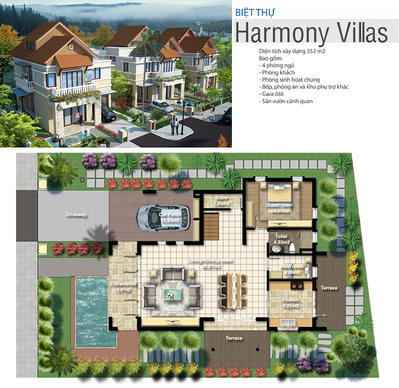 Phối cảnh biệt thự Harmony Xanh Villas Resort Hòa Lạc