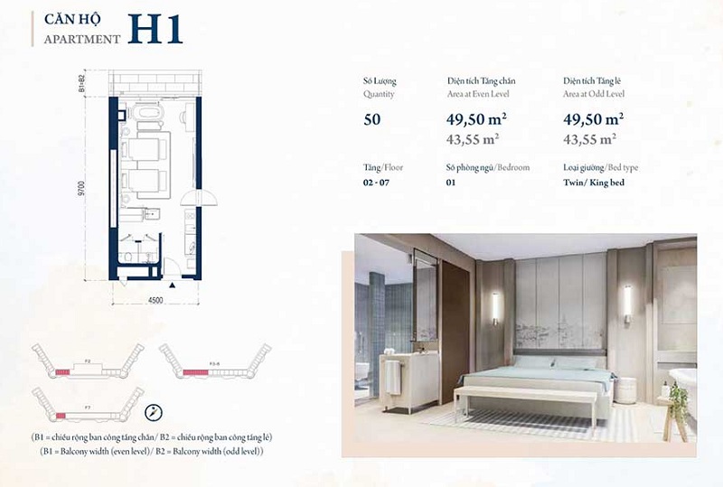 Thiết kế căn hộ du lịch H1 dự án Cam Ranh Bay Hotel & Resort