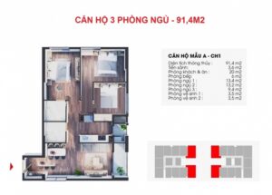 Thiết kế căn hộ 3N 91m2 The Charm An Hưng - Hà Đông
