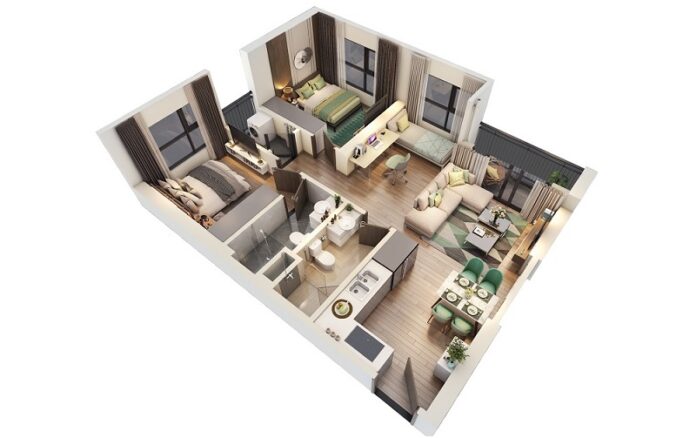 Phối cảnh 3D căn hộ 2 phòng ngủ dự án Vinhomes Smart City